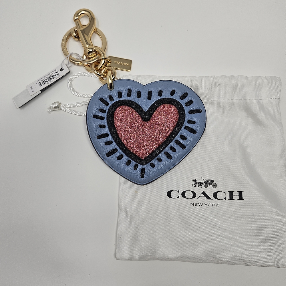 Coach X Keith Haring Blue Heart Keychain with Pink Glitter